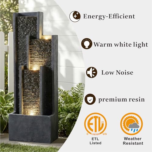 40-Inch Modern Outdoor Water Fountain with LED Lights for Garden & Patio