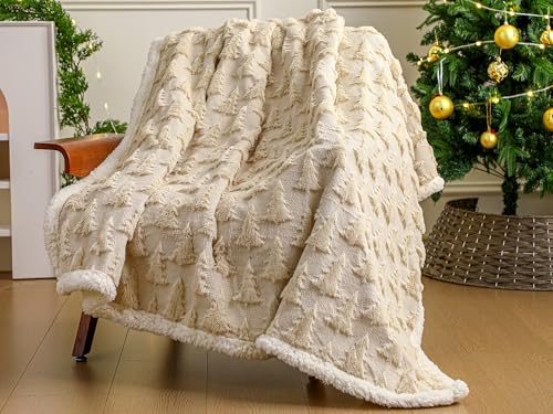Remagr 3D Christmas Tree Sherpa Throw Blanket 50x60 Beige (Beige/Xmas Tree)