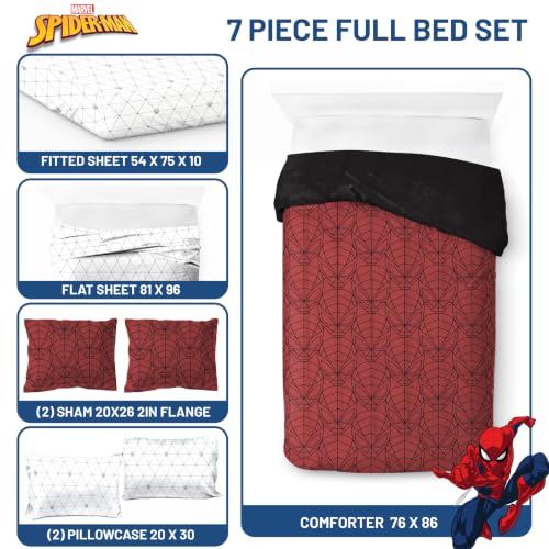 Marvel Spiderman 7-Piece Full Bedding Set - Soft Microfiber Comforter & Sheets