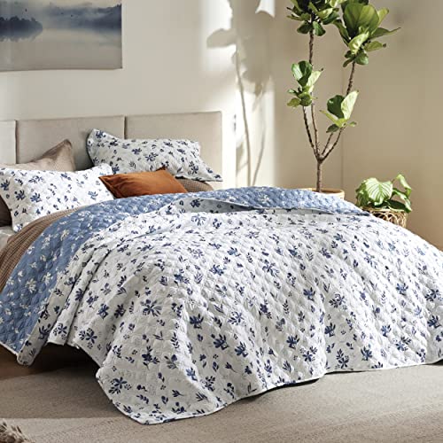 Bedsure Queen Floral Quilt Set - Reversible Blue Daisy Coverlet Bedspread