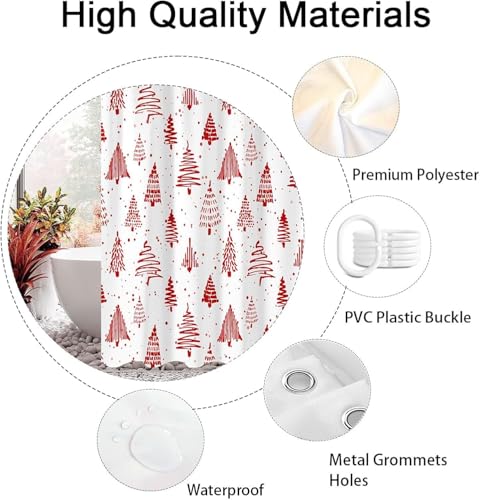Emwnodti Red and White Christmas Shower Curtain 72x78 inch with 12 Hooks - Holiday Bathroom Decor
