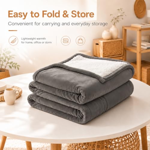 Electric Heated Throw Blanket, 50x60 Flannel and Sherpa, Light Gray