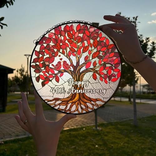 40th Wedding Anniversary Stained Glass Suncatcher - Ruby Tree of Life Gift