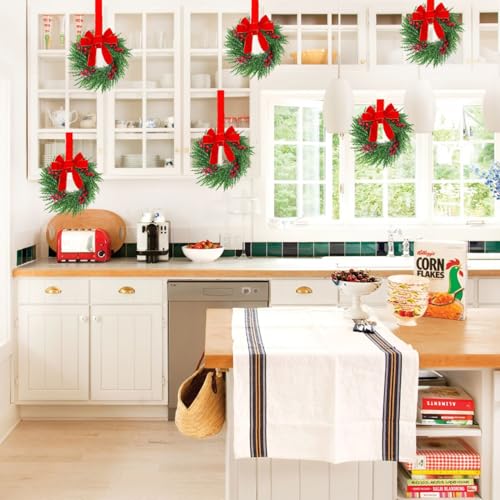 12-Inch Mini Christmas Wreaths for Cabinets with Red Bows, Set of 4