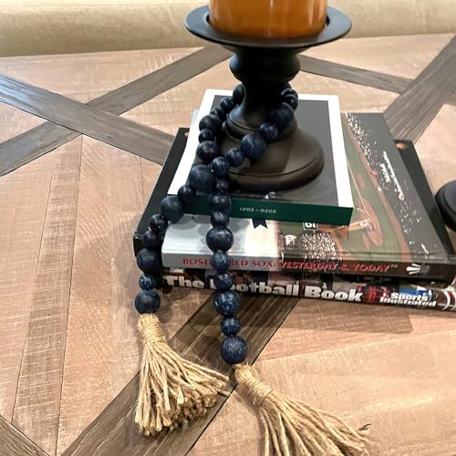 32-Inch Rustic Blue Wooden Bead Garland with Tassel, Boho Farmhouse Decor