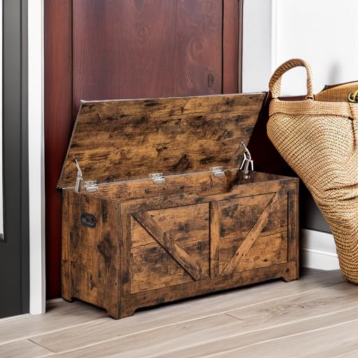 Rustic Wood Storage Chest with Safety Hinges - Large Entryway Bench
