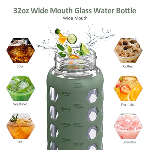 32oz Glass Water Bottle with Time Marker, Silicone Sleeve & Two Lids