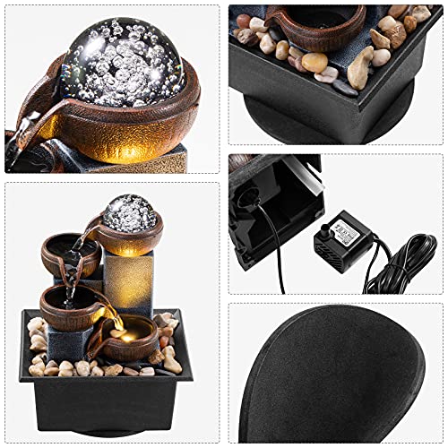 4-Tier Indoor Tabletop Water Fountain with LED Lights & River Rocks