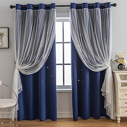 Double-Layer Star Blackout Curtains with Tulle Overlay, Set of 2 Panels