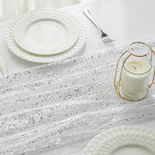NookZuzu 10 Ft Silvery Sequin Table Runner Set - 3 Pieces, 27.5 x 120 Inches