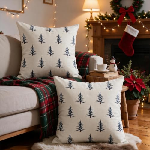 Sivirary 18x18 Blue Cream Christmas Pillow Covers Set of 2 with Tree Print