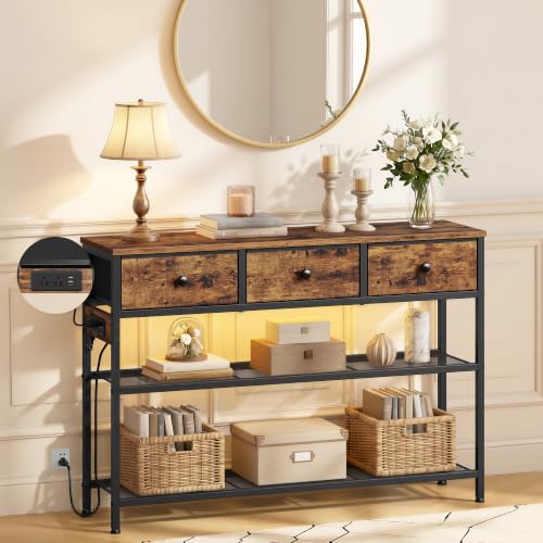 Console Table with Charging Station, LED Lighting, and 3 Fabric Drawers