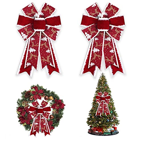 Threetols 2pcs Christmas Wreath Bows – Red Velvet Rustic Farmhouse Deer Glitter Front Door Tree Decoration (Variation: Tree)