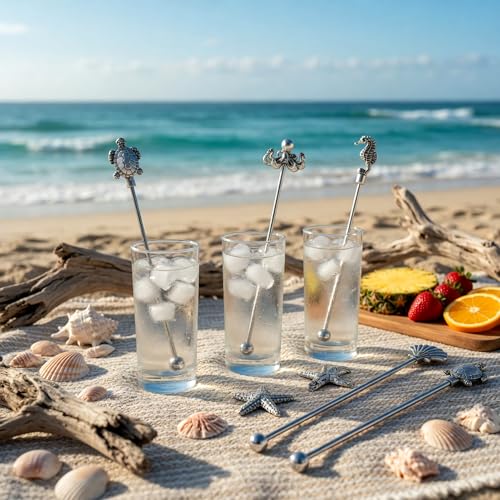 Homestia Ocean Series 6-Piece 7.5'' Metal Coffee & Drink Stir Sticks with Animal Tops