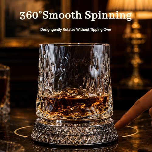 Rotating Whiskey Glass with Large Ice Ball Mold - Kinetic Spin Tumbler for Bourbon & Old Fashioned - Unique Gift for Men, Dad