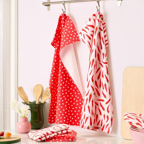 4-Piece Cotton Kitchen Towel Set - Pepper and Polka Dot Print, 17" x 28"