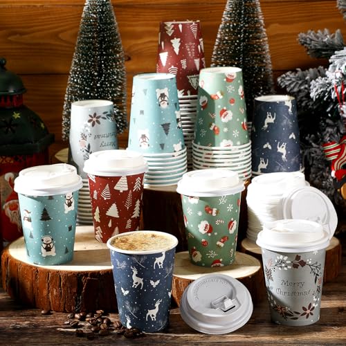 Zhehao Santa Claus Christmas Paper Coffee Cups 9 oz with Lids – 100 Pack