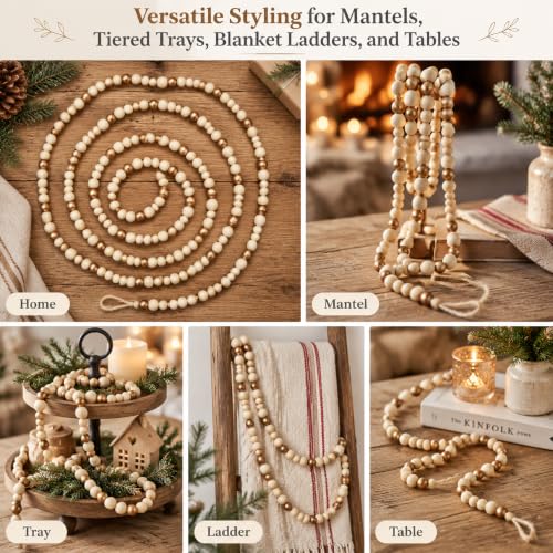 CRTEPST 2-Pack Christmas Wood Bead Garland 24 ft, Gold Wooden Beads, Rustic Boho Holiday Decor