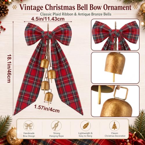 18 Inch Christmas Bow with Cow Bells and Tartan Plaid for Tree Decor