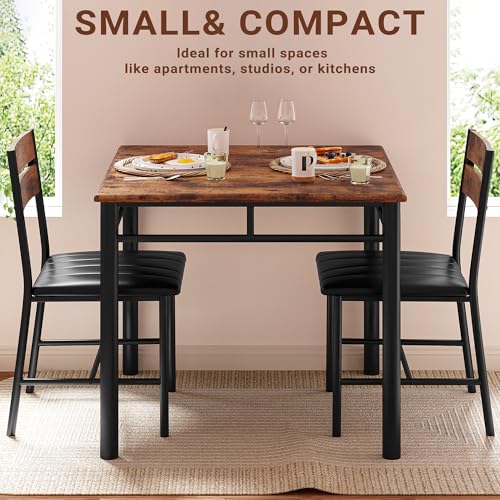 3-Piece Compact Dining Table Set for 2 with Upholstered Chairs, Rustic Brown