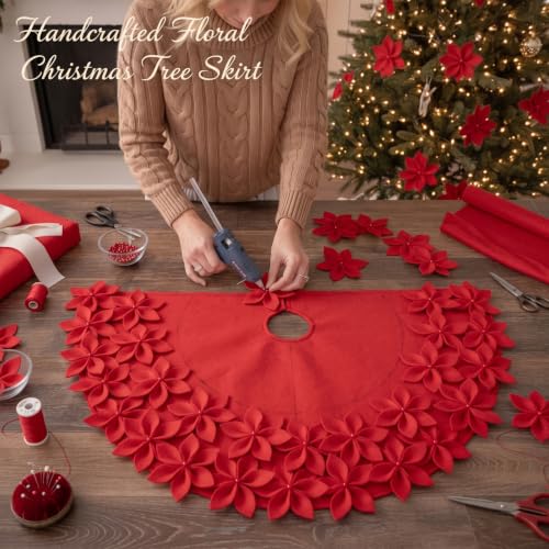 48 Inch Red Handmade Felt Christmas Tree Skirt with Poinsettia Ball Edge