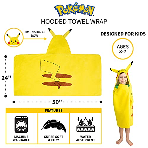 Pokemon Pikachu Hooded Towel Wrap - 24 x 50 inches, Soft Cotton Bath & Beach Towel for Kids
