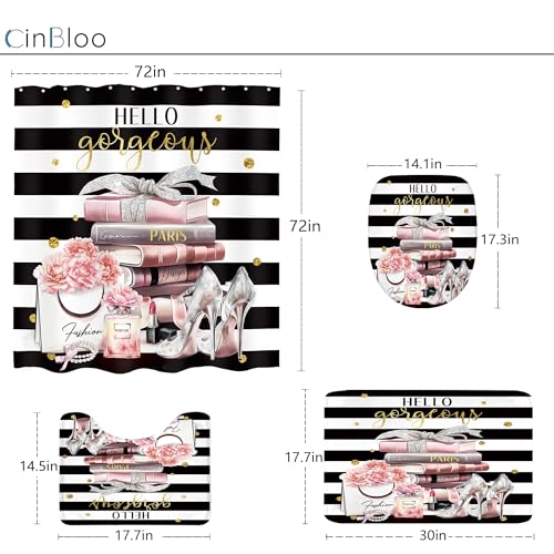 4-Piece Girly Bathroom Shower Curtain Set with Rugs and Hooks