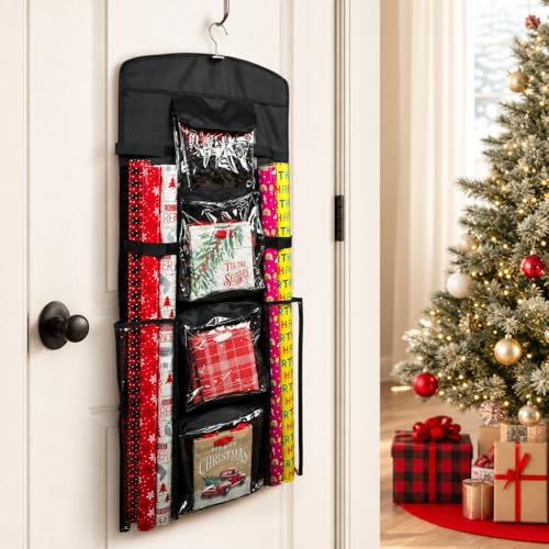 Gift Wrap Organizer Storage Container with Pockets and Roll Slots, Black