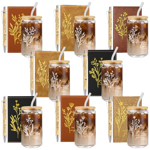 AmazingSpark 24 Pcs Christian Gift Set: 16 oz Glass Cups, Leather Bible Notebooks & Bamboo Pens (Flower, 5 Colors)