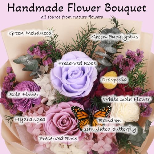 Preserved Purple Rose Bouquet with Glass Vase - Everlasting Floral Decor