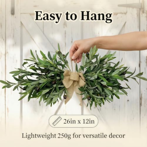 26-Inch Artificial Olive Leaf Swag with Burlap Bow for Farmhouse Decor