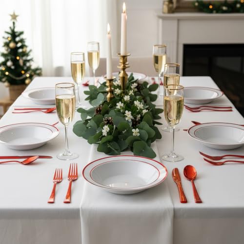 Goodluck 50 Pack Red Rim Plastic Bowls - Disposable 12oz Party & Dinnerware