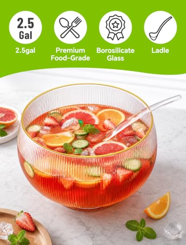 2.5 Gallon Ribbed Glass Punch Bowl Set with Gold Rim and Serving Ladle