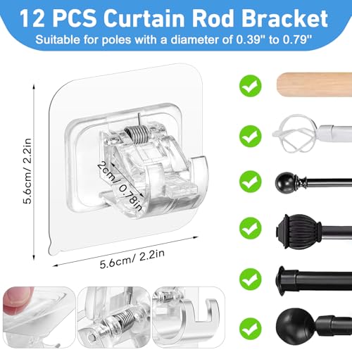 12 Pack Self-Adhesive Curtain Rod Holders, No-Drill Adjustable Hooks