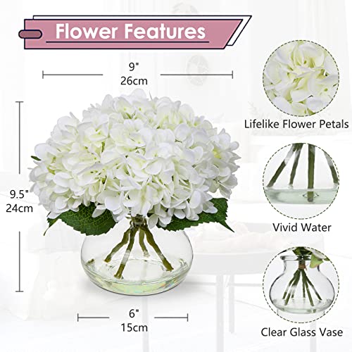 White Silk Hydrangea Artificial Flowers in Glass Vase with Faux Water