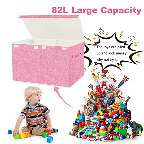 82L Collapsible Toy Storage Box with Lid, Pink Fabric Organizer Bin