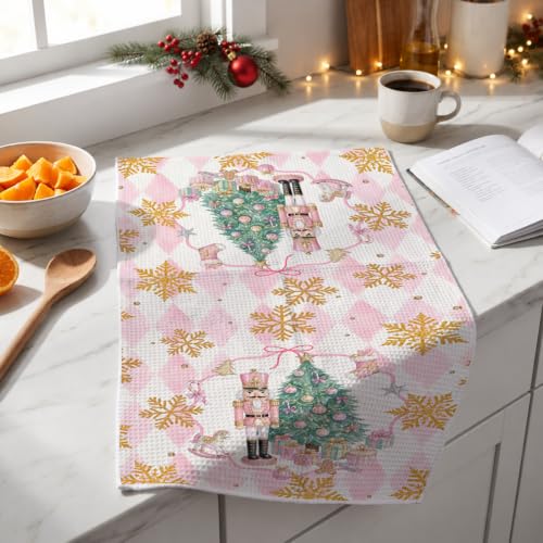 2 Pcs Pink Nutcrackers Merry Christmas Kitchen Towels - 14x24 in Multi 0877
