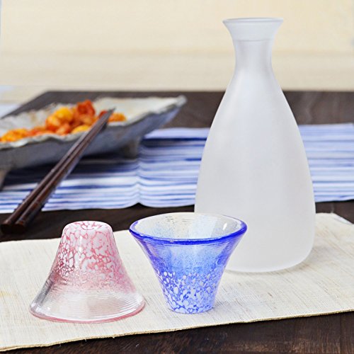 Blue, Red & White Cold Sake Set with Cups and Tokuri - Japan Made 3-Piece