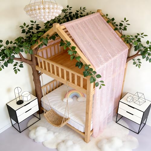 Pink Star Moon Bed Canopy Sheer Tulle Curtain for Kids Room 60 x 158 Inches