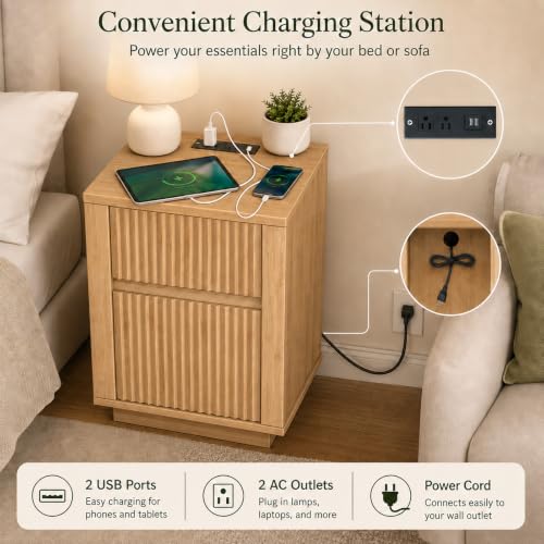 Modern Fluted Nightstand with Charging Station and Two Drawers