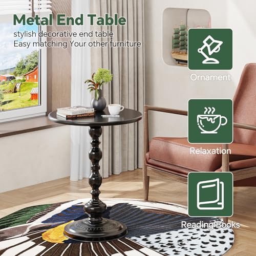 Small Round Side Table - Metal Pedestal End Table for Living Room, Black