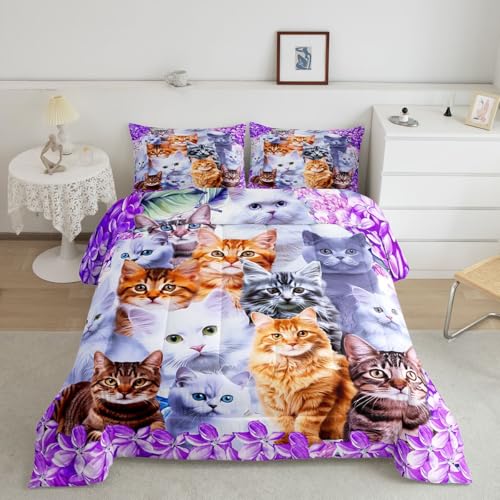 Cute Cartoon Cat Twin Comforter Set with Pillowcase - Floral Design