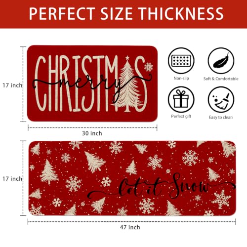 Christmas Kitchen Mats Set of 2 with Tree & Snowflake on Red—Non-Slip, 17x30 & 17x47 in