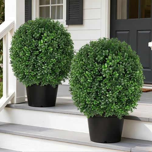 2 Pack 27.5" Artificial Boxwood Topiary Ball Trees with Ground Spikes
