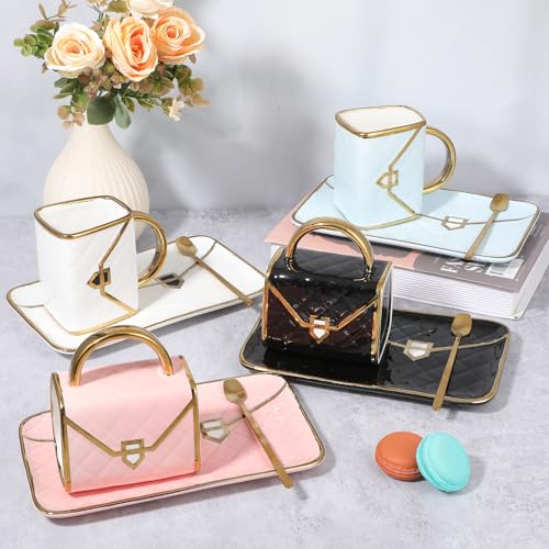 Handbag-Shaped Ceramic Coffee Mug Set with Saucers & Spoons, 10 Oz, Gift Ready