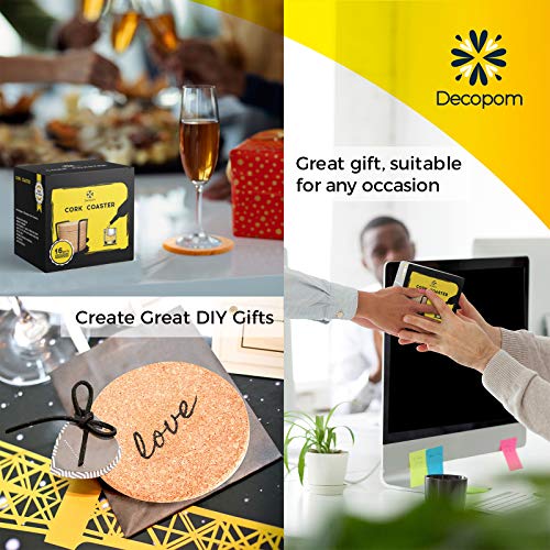 Decopom Cork Coasters Set with Metal Holder - 16 Thick Absorbent 4-inch Drink Coasters for Hot Cold Beverages