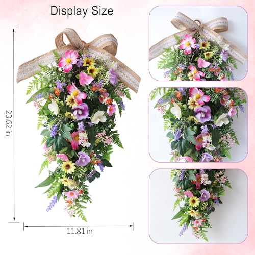 Artificial Floral Teardrop Swag with LED Lights for Front Door Decor