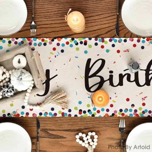Artoid Mode 13x72 Inch Polka Dot Beige Happy Birthday Table Runner (Pack of 3)