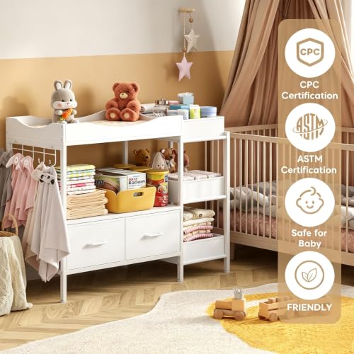 Baby Changing Table with Storage, Nursery Dresser with Drawers & Shelves