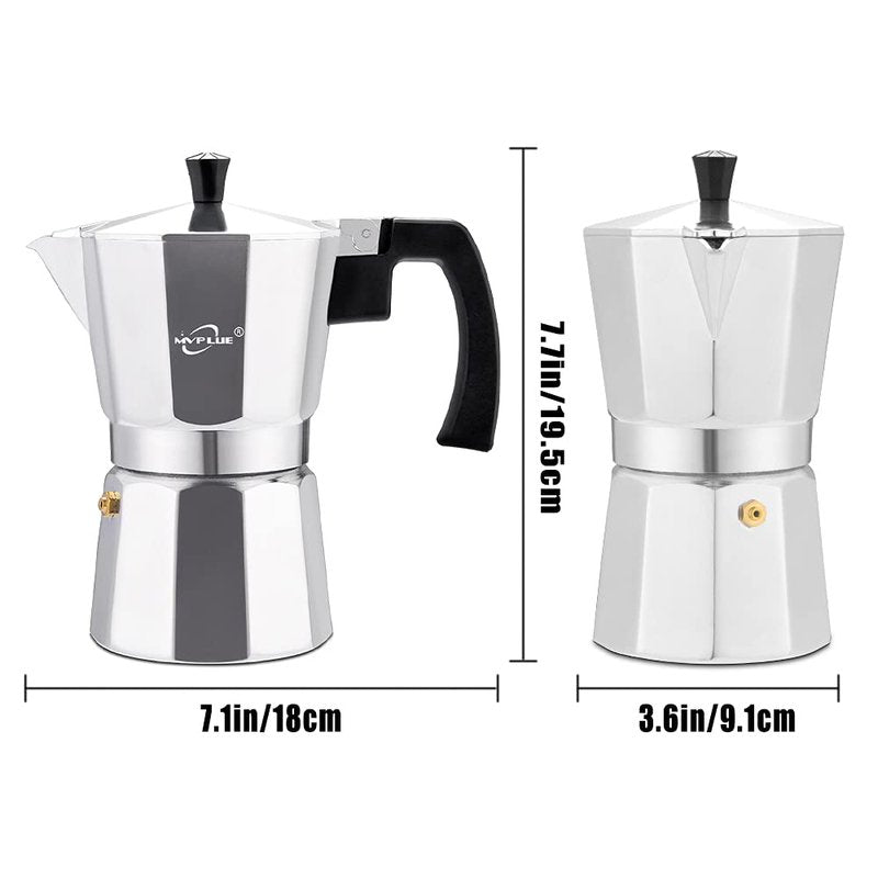 MVPLUE Classic Stovetop Espresso Maker 6 Cup ，Moka Pot Aluminum Silver，Perfect Cuban Coffee Maker， Make Delicious Coffee Easily at Home And Camping